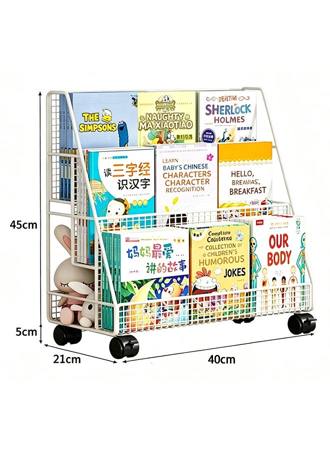 Purrhappy 3-Tier Mobile Kids Bookshelf with Back Storage Pocket, Rolling Metal Toddler Book Display Rack, Large Size Wheeled Book Toy Organizer Shelf for Bedroom Living Room Nursery Playroom (50cm Height, White) - Image 2