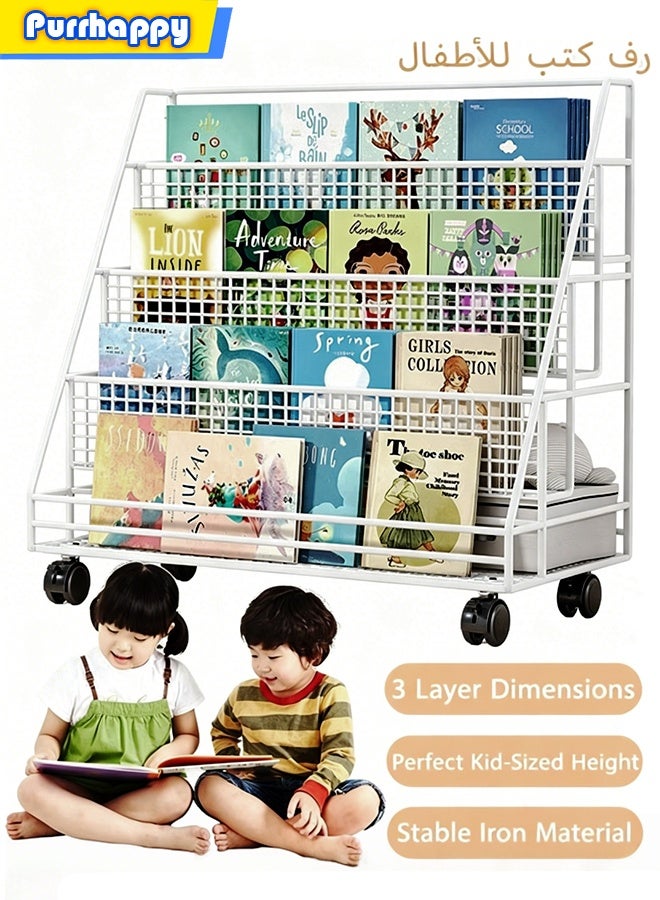 Purrhappy 3-Tier Mobile Kids Bookshelf with Back Storage Pocket, Rolling Metal Toddler Book Display Rack, Large Size Wheeled Book Toy Organizer Shelf for Bedroom Living Room Nursery Playroom (50cm Height, White) - Image 1