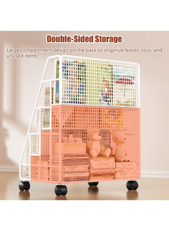 Purrhappy 3-Tier Mobile Kids Bookshelf with Back Storage Pocket, Rolling Metal Toddler Book Display Rack, Large Size Wheeled Book Toy Organizer Shelf for Bedroom Living Room Nursery Playroom (50cm Height, White) - Image 5