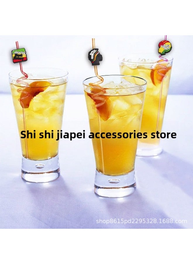 Black History Month Straw PET Spiral Party Straw Straw Buckle Patch Food Grade Color Elbow Pipe Accessories-Colour:XXG107-12-Specification:Straw + Shoe Flower - Image 4