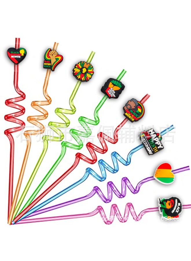 Black History Month Straw PET Spiral Party Straw Straw Buckle Patch Food Grade Color Elbow Pipe Accessories-Colour:XXG107-12-Specification:Straw + Shoe Flower - Image 2