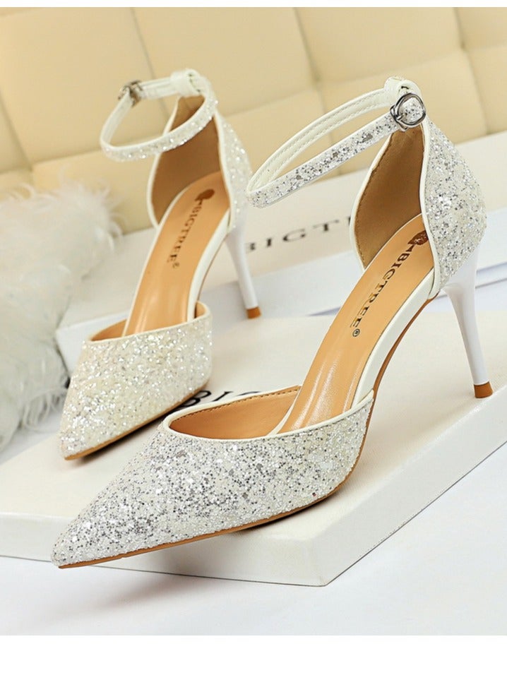 BIGTREE Women's Sequin Closed Pointed Toe 7.5 CM High Heels Ankle Strap Stiletto Pumps White