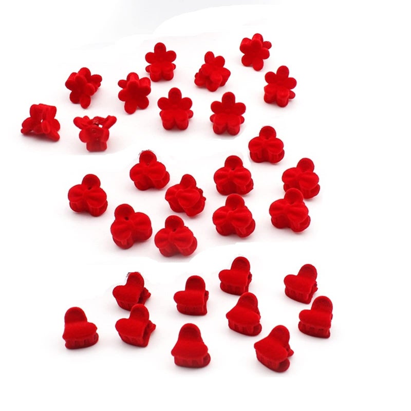Hot&Sattion 30pcs Red Velvet Mini Hair Claw Clips Flower Heart Bow Hair Bangs Pin Small Hair Clips Clamps Non Slip Tiny Plastic Jaw Clips For Girls and Women - Image 1