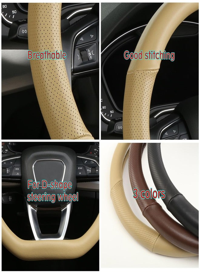Cxtiy D Shaped Steering Wheel Cover, Genuine Leather Flat Bottom Stearing Wheel Cover Luxury Car Accessories 14 1/2-15 inch (Beige) - Image 5