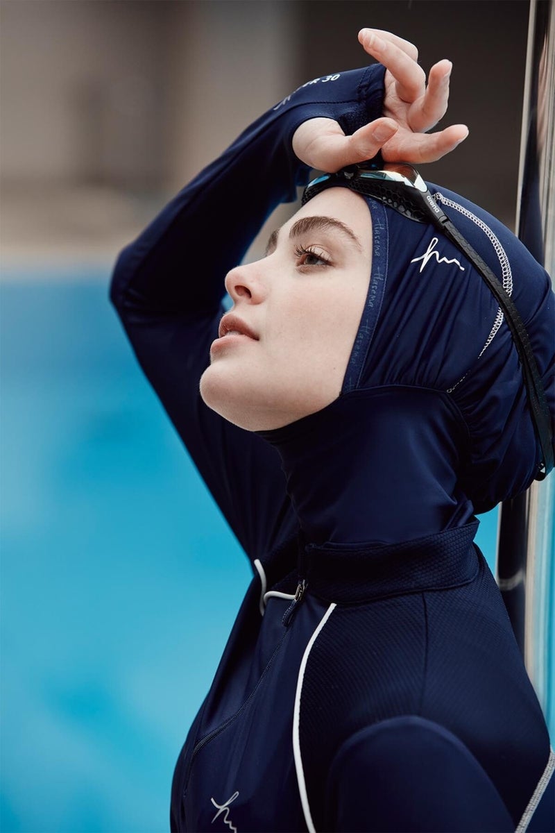 Haşema Performance Series Shoulder Honeycomb Texture Detailed Navy Blue Lycra 4 Piece Hijab Swimsuit Set H-Per 30 - Image 2