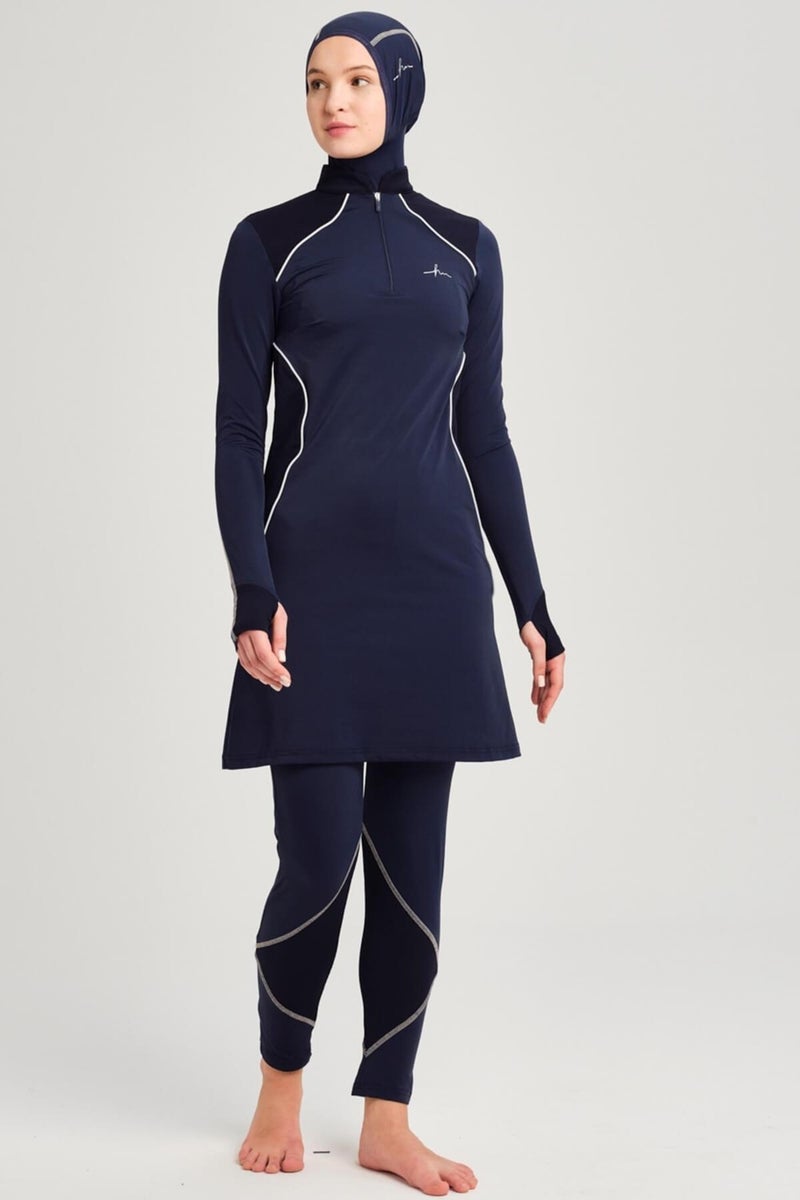 Haşema Performance Series Shoulder Honeycomb Texture Detailed Navy Blue Lycra 4 Piece Hijab Swimsuit Set H-Per 30 - Image 4