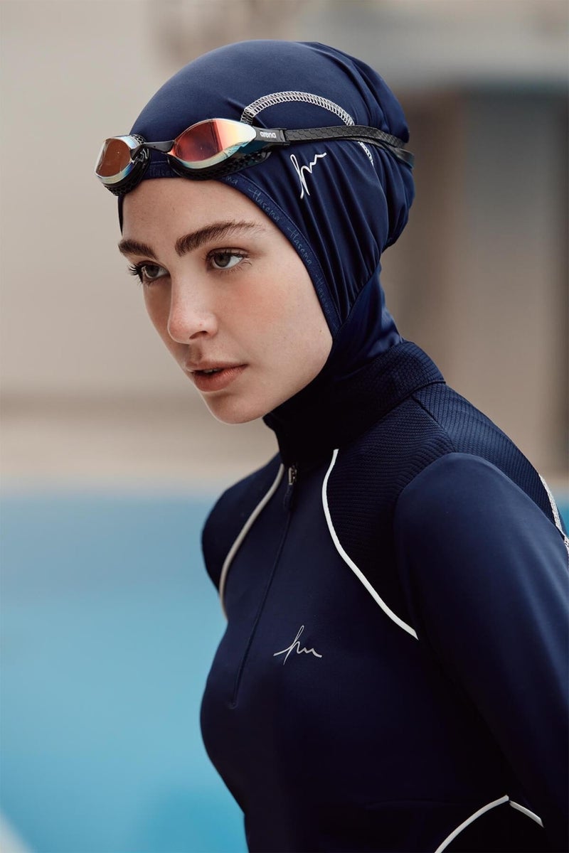 Haşema Performance Series Shoulder Honeycomb Texture Detailed Navy Blue Lycra 4 Piece Hijab Swimsuit Set H-Per 30 - Image 3