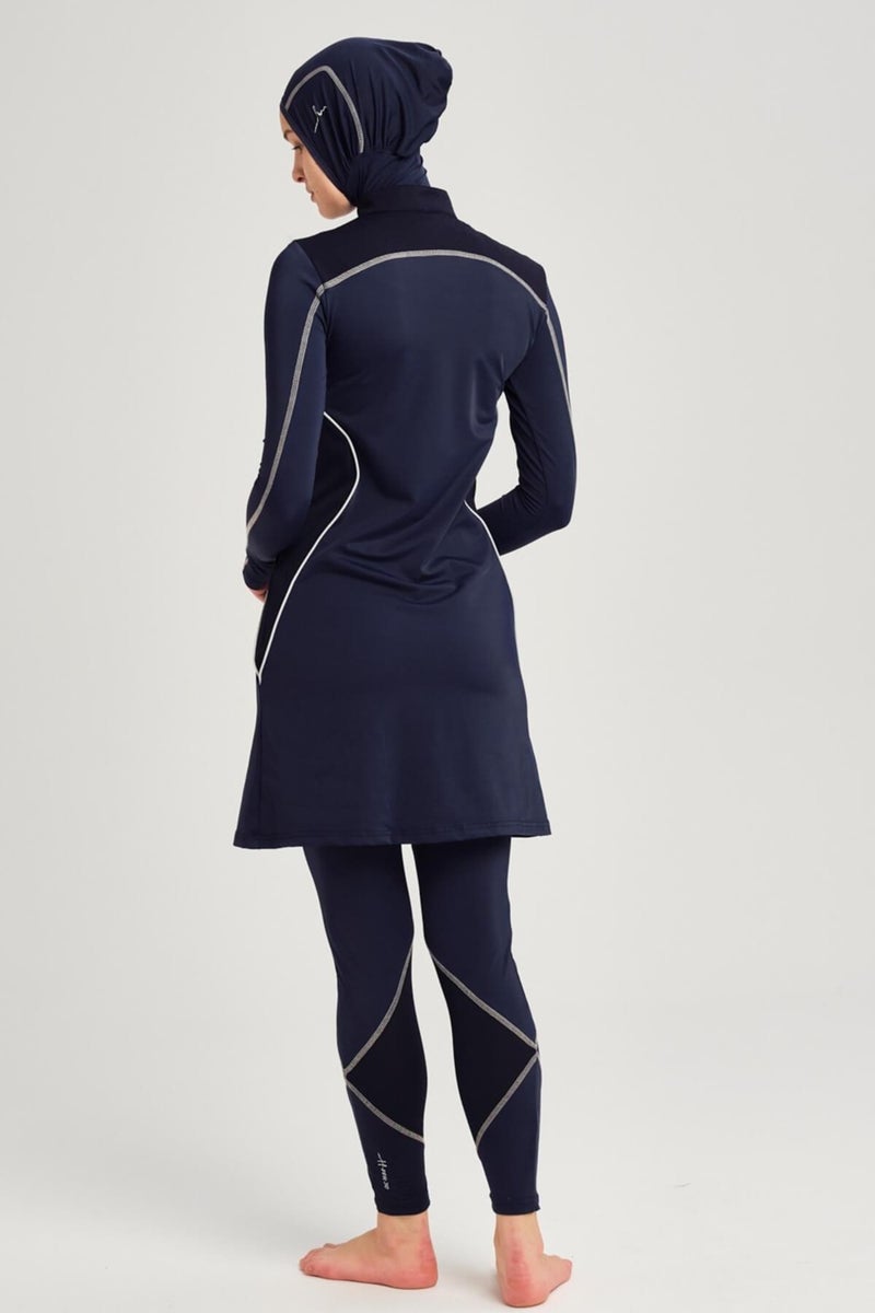 Haşema Performance Series Shoulder Honeycomb Texture Detailed Navy Blue Lycra 4 Piece Hijab Swimsuit Set H-Per 30 - Image 5