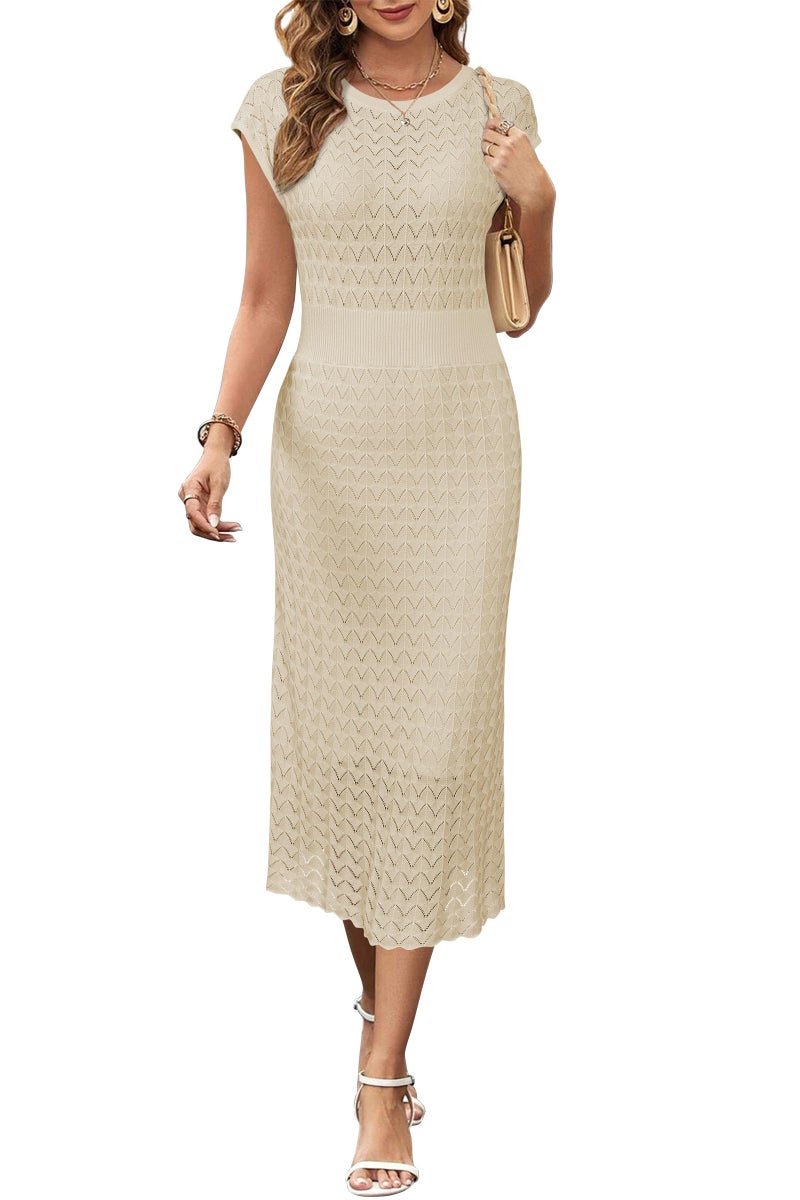 Newshows Women Summer 2026 Teacher Outfits Work Midi Boat Neck Cap Sleeve Hollow Knit Modest Business Casual Dress(Apricot,M) - Image 1