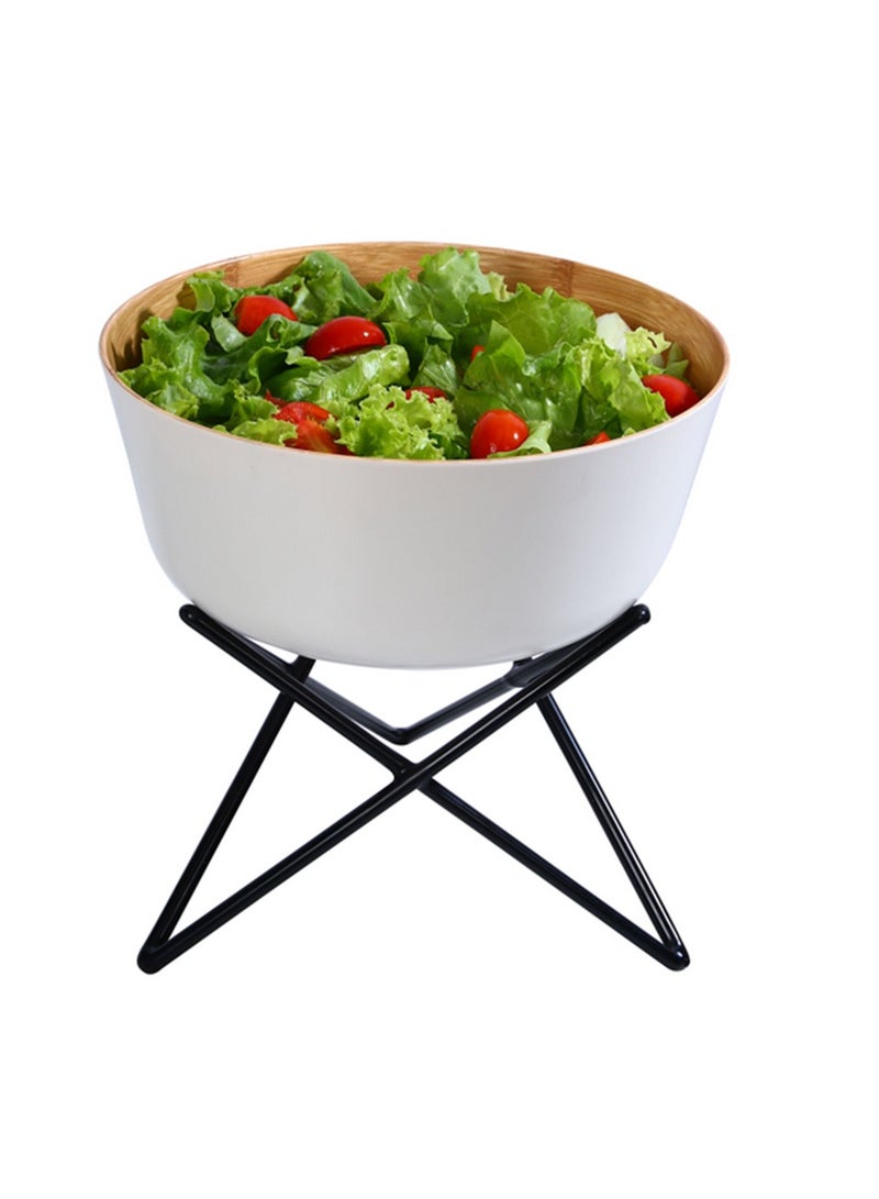 فيلي وعاء سلطة دائري من الميلامين والخيزران مع حامل أبيض وبني