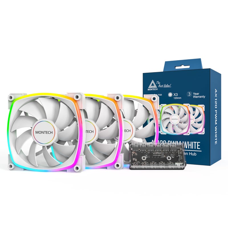 MONTECH AX 120MM - PWM Fan - Silent Performance - High Speed 1600PWM - High-End Durability with HDB Bearing - Stunning Outer Ring ARGB Lighting Design – 3 in 1 Pack with 6X6 Fan Hub (AX120-3in1-W) - Image 3