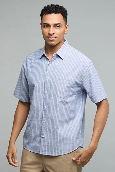 R&B Striped Shirt with Classic Collar and Short Sleeves