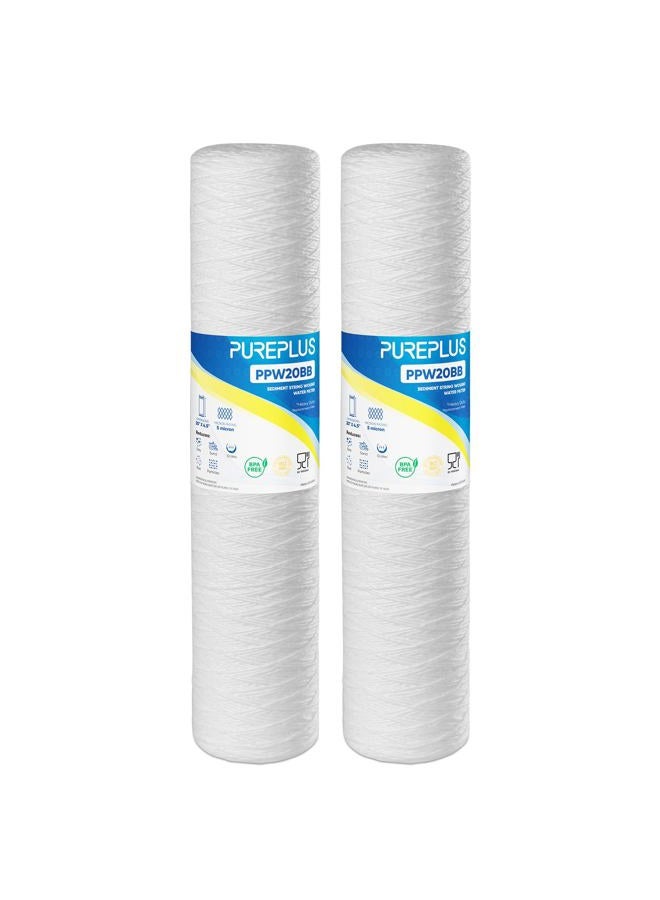 Pure Plus 5 Micron 4.5" x 20" Whole House String Wound Sediment Filter for Well Water, Replacement Cartridge for Pentair Pentek WP5BB20P/WP25BB20P, Hydronix SWC-45-2005, SpiroPure SP-WP5-20BB, 2Pack - Image 1