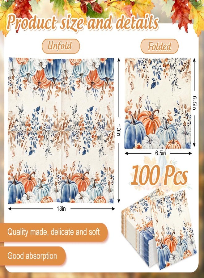 JarThenaAMCS جارثينا AMCS 100 قطعة من مناديل الخريف بتصميم قديم بالألوان المائية الأزرق والبرتقالي على شكل قرع، مناديل غداء قابلة للتصرف، مناديل ورقية زينة للخريف لحفلة عيد الشكر والحصاد. - Image 2