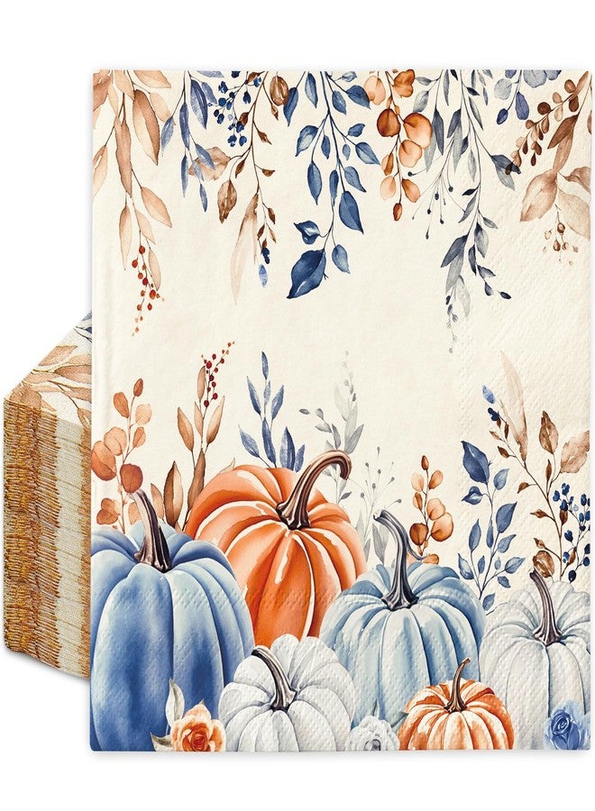 JarThenaAMCS جارثينا AMCS 100 قطعة من مناديل الخريف بتصميم قديم بالألوان المائية الأزرق والبرتقالي على شكل قرع، مناديل غداء قابلة للتصرف، مناديل ورقية زينة للخريف لحفلة عيد الشكر والحصاد. - Image 1