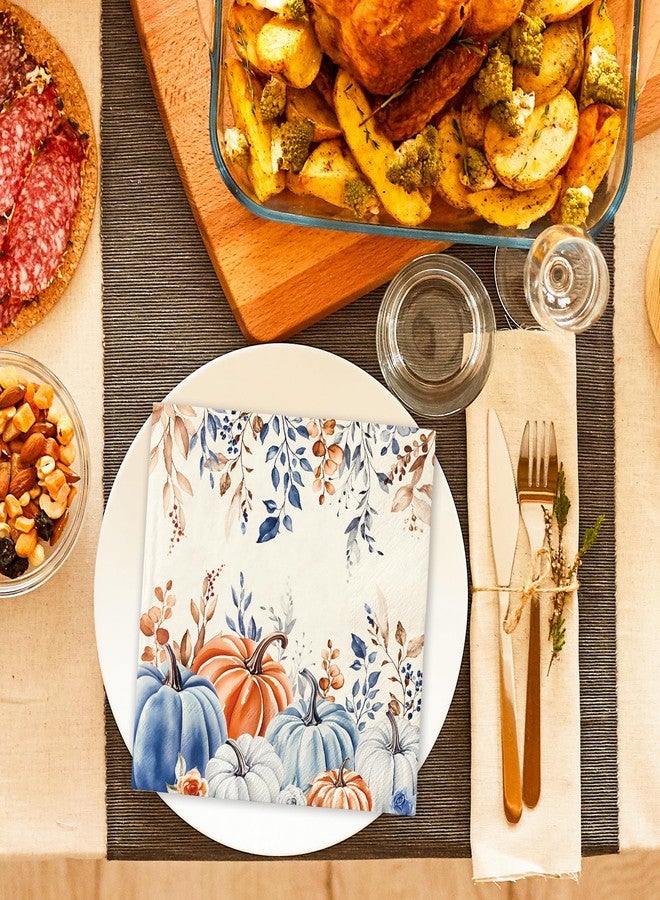 JarThenaAMCS جارثينا AMCS 100 قطعة من مناديل الخريف بتصميم قديم بالألوان المائية الأزرق والبرتقالي على شكل قرع، مناديل غداء قابلة للتصرف، مناديل ورقية زينة للخريف لحفلة عيد الشكر والحصاد. - Image 4