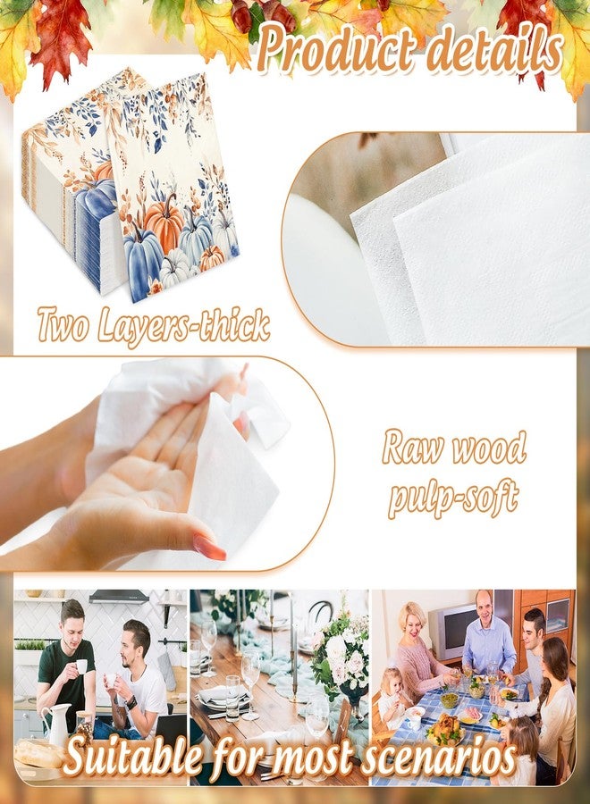 JarThenaAMCS جارثينا AMCS 100 قطعة من مناديل الخريف بتصميم قديم بالألوان المائية الأزرق والبرتقالي على شكل قرع، مناديل غداء قابلة للتصرف، مناديل ورقية زينة للخريف لحفلة عيد الشكر والحصاد. - Image 3