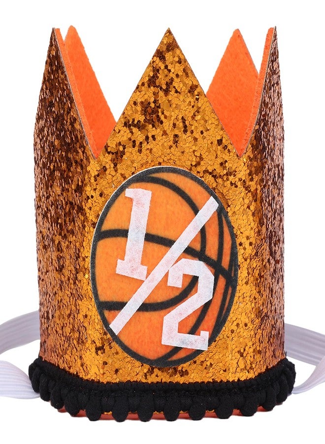 CORNER LACE Basketball 1/2 Birthday Glitter Hat, Baby Boys Half Birthday Crown Orange, 6-Month Sports Theme Party Photo Props Decorations Supplies Favors - Image 1