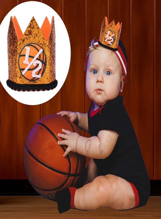 CORNER LACE Basketball 1/2 Birthday Glitter Hat, Baby Boys Half Birthday Crown Orange, 6-Month Sports Theme Party Photo Props Decorations Supplies Favors - Image 2