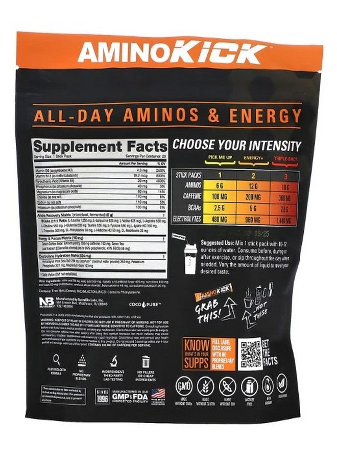 NutraBio - Amino Kick Orange Mango 20 Stick Packs 0.32 oz 9 g Each - Image 1