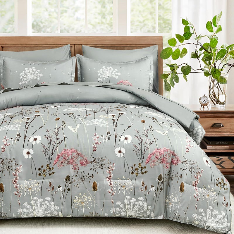 Yiran Grey Floral Comforter Set King Size, 7 Piece Spring Dandelion Plant Botanical Comforter Bedding Set, Bed in a Bag King, Soft Microfiber Complete Bedding Set with Sheets for All Season - Image 1