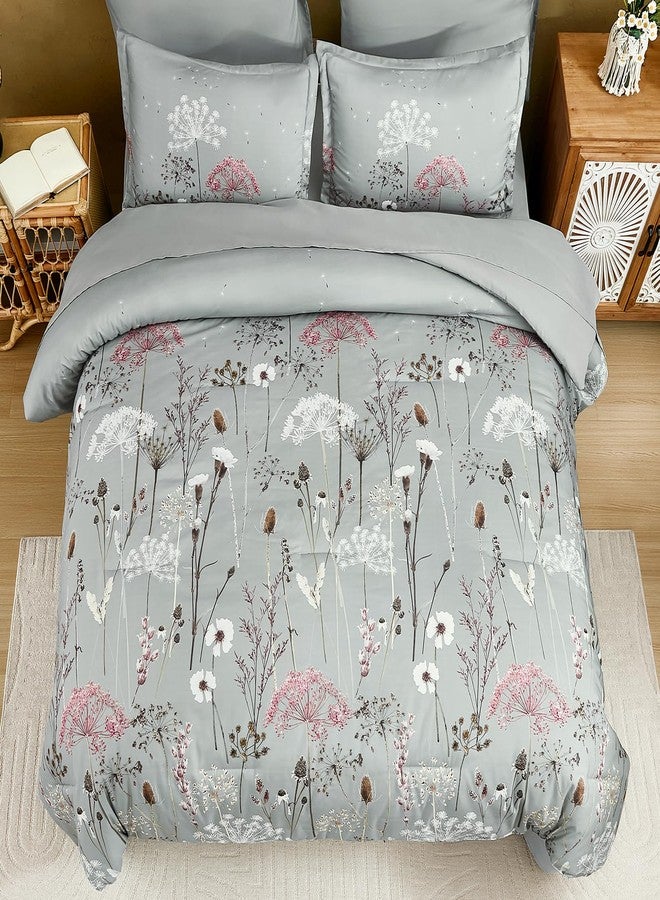 Yiran Grey Floral Comforter Set King Size, 7 Piece Spring Dandelion Plant Botanical Comforter Bedding Set, Bed in a Bag King, Soft Microfiber Complete Bedding Set with Sheets for All Season - Image 3