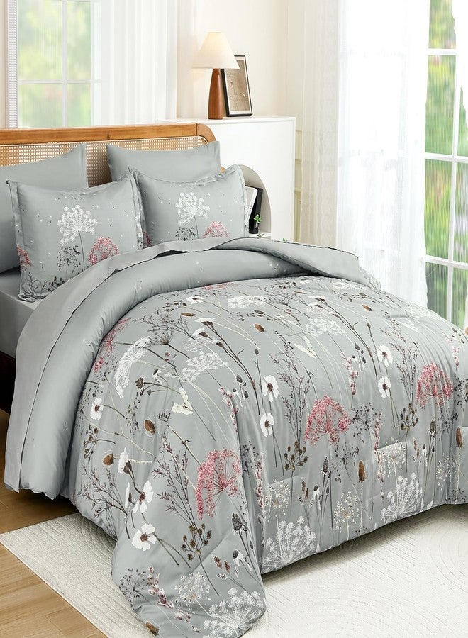 Yiran Grey Floral Comforter Set King Size, 7 Piece Spring Dandelion Plant Botanical Comforter Bedding Set, Bed in a Bag King, Soft Microfiber Complete Bedding Set with Sheets for All Season - Image 2