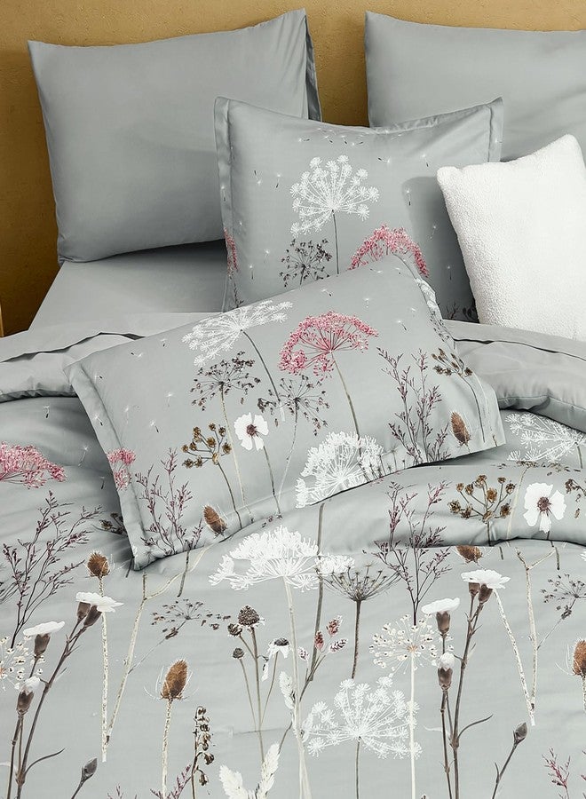 Yiran Grey Floral Comforter Set King Size, 7 Piece Spring Dandelion Plant Botanical Comforter Bedding Set, Bed in a Bag King, Soft Microfiber Complete Bedding Set with Sheets for All Season - Image 4