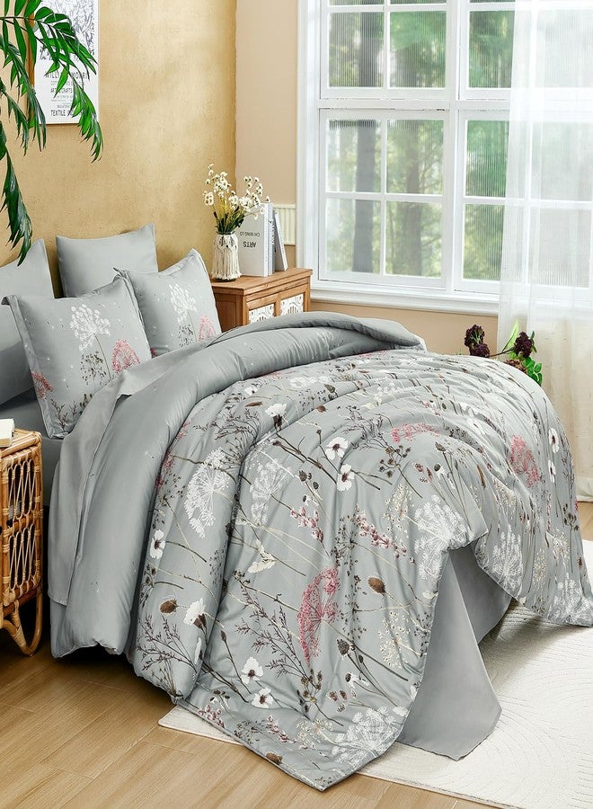 Yiran Grey Floral Comforter Set King Size, 7 Piece Spring Dandelion Plant Botanical Comforter Bedding Set, Bed in a Bag King, Soft Microfiber Complete Bedding Set with Sheets for All Season - Image 5