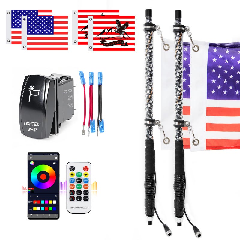 UNI-SHINE UNISHINE 2PCS 2FT LED Whip Lights with RGB Chasing Lights with APP Remote Control Music Antenna Whip Light for CanAm UTV ATV RZR CanAm SXS Polaris Offroad Truck - Image 2
