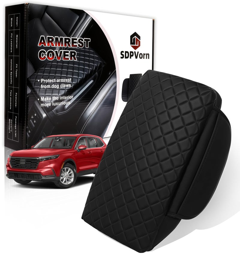 SDPVorn Armrest Cover for Honda CRV Center Console Pad with Organizer Storage Pockets, Black Faux Leather Arm Rest Lid Protector Cushion Interior Accessories (2023-2026) - Image 1