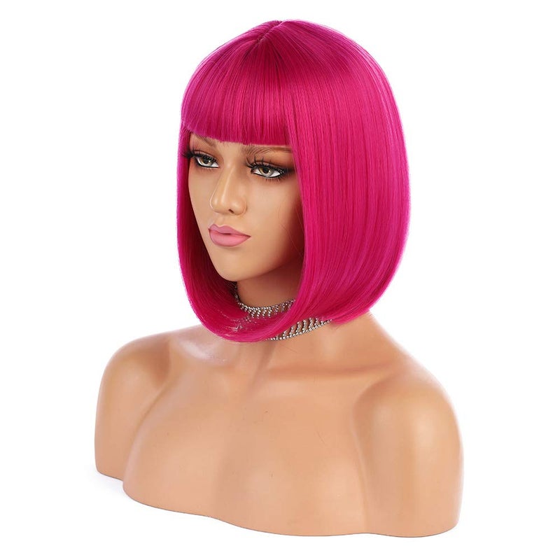 eNilecor Short Bob Hair Wigs 12 Straight with Flat Bangs Synthetic Colorful Cosplay Daily Party Wig for Women Natural As Real Hair Free Wig CapHot Pink