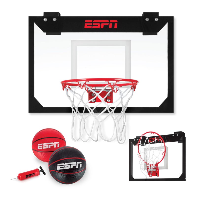 ESPN Mini Basketball Hoop, Over The Door Basketball Hoop with Foldable Breakaway Rim, Includes 2 Mini Basketballs and Pump - Image 1