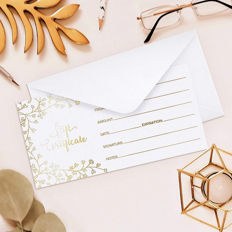 Sweetzer & Orange Blank Gift Certificates for Business - 25 Gold Foil Gift Certificate Cards with Envelopes for Spa, Salon, Restaurants, Custom Client Vouchers for Birthday, Work Card - 3.75x7.5 - Image 4