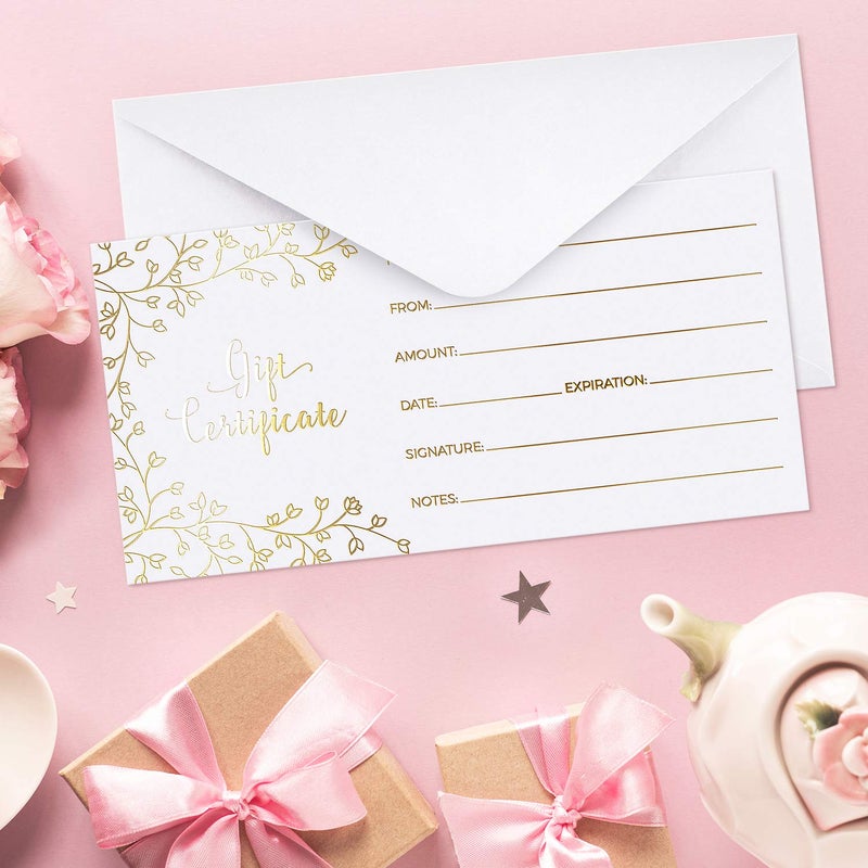 Sweetzer & Orange Blank Gift Certificates for Business - 25 Gold Foil Gift Certificate Cards with Envelopes for Spa, Salon, Restaurants, Custom Client Vouchers for Birthday, Work Card - 3.75x7.5 - Image 5