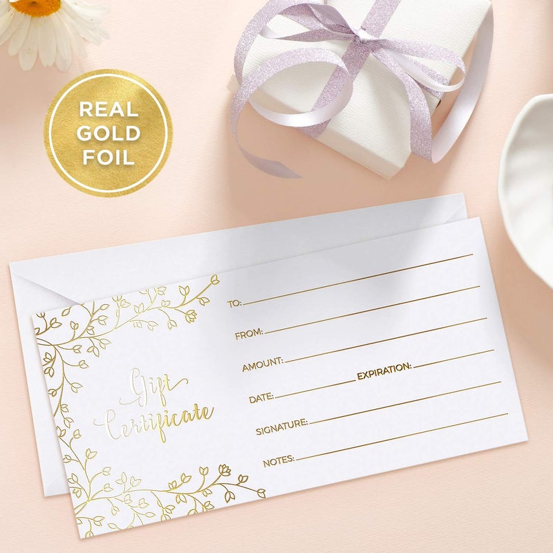 Sweetzer & Orange Blank Gift Certificates for Business - 25 Gold Foil Gift Certificate Cards with Envelopes for Spa, Salon, Restaurants, Custom Client Vouchers for Birthday, Work Card - 3.75x7.5 - Image 2