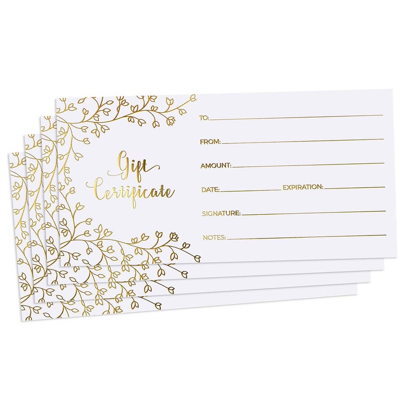 Sweetzer & Orange Blank Gift Certificates for Business - 25 Gold Foil Gift Certificate Cards with Envelopes for Spa, Salon, Restaurants, Custom Client Vouchers for Birthday, Work Card - 3.75x7.5 - Image 1