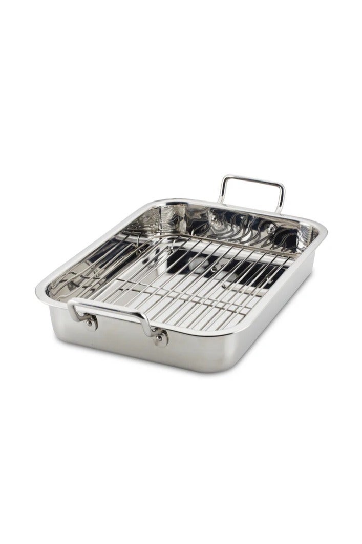 Stainless steel roasting pan with grill rack, oven and stove compatible - Image 1