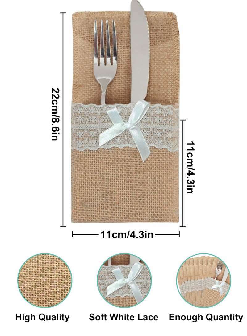 HomarKet 10 Pcs Burlap Utensil Pouch & Cutlery Holder - with Soft White Lace, Natural Linen Silverware Bags & Knife Bag Holder for Wedding, Party, Table Decor (Lace Bow) - Image 2