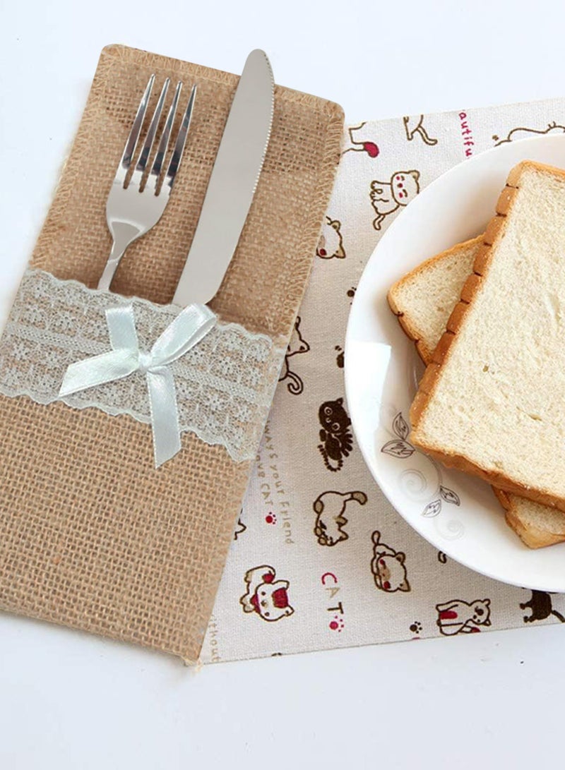 HomarKet 10 Pcs Burlap Utensil Pouch & Cutlery Holder - with Soft White Lace, Natural Linen Silverware Bags & Knife Bag Holder for Wedding, Party, Table Decor (Lace Bow) - Image 3