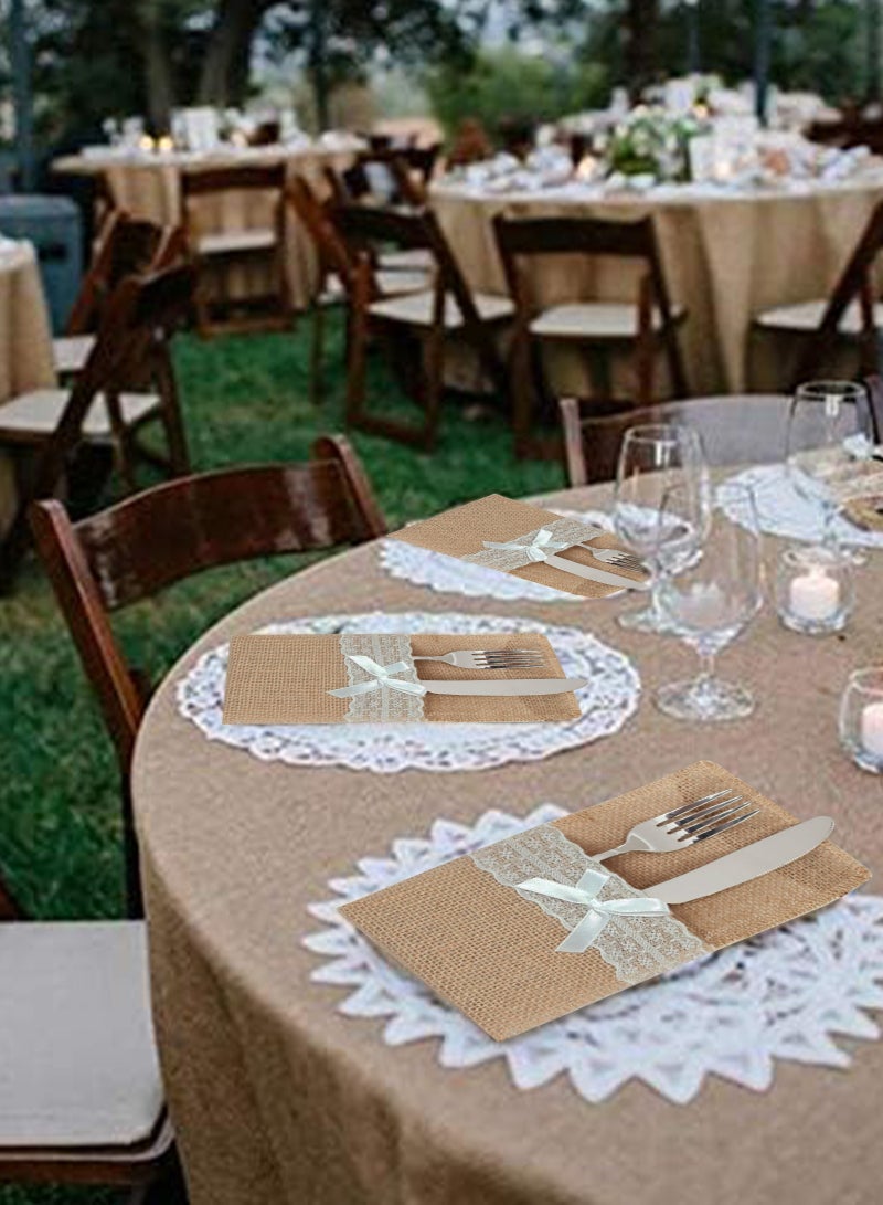 HomarKet 10 Pcs Burlap Utensil Pouch & Cutlery Holder - with Soft White Lace, Natural Linen Silverware Bags & Knife Bag Holder for Wedding, Party, Table Decor (Lace Bow) - Image 5