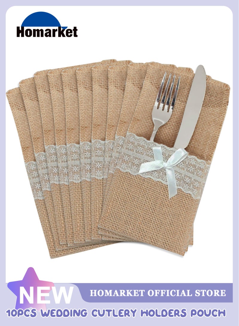 HomarKet 10 Pcs Burlap Utensil Pouch & Cutlery Holder - with Soft White Lace, Natural Linen Silverware Bags & Knife Bag Holder for Wedding, Party, Table Decor (Lace Bow) - Image 1