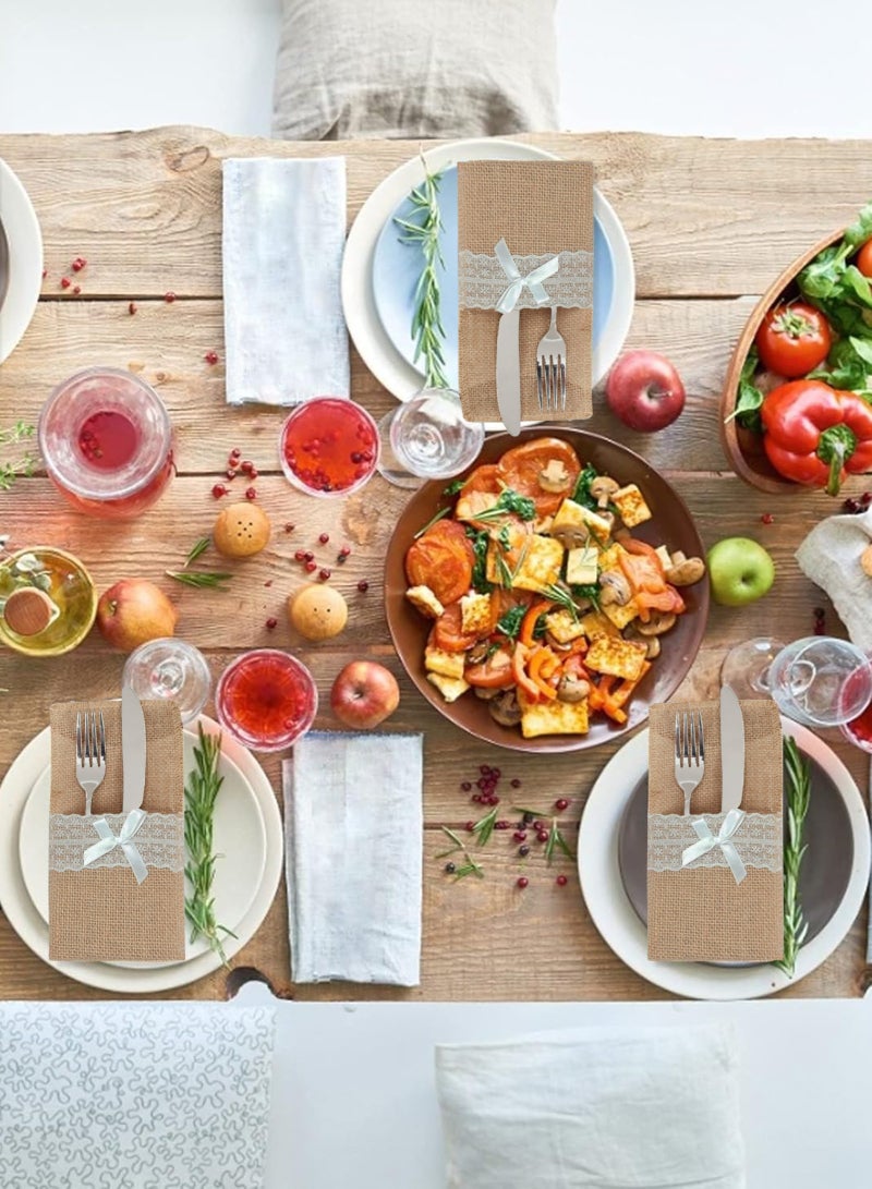 HomarKet 10 Pcs Burlap Utensil Pouch & Cutlery Holder - with Soft White Lace, Natural Linen Silverware Bags & Knife Bag Holder for Wedding, Party, Table Decor (Lace Bow) - Image 4