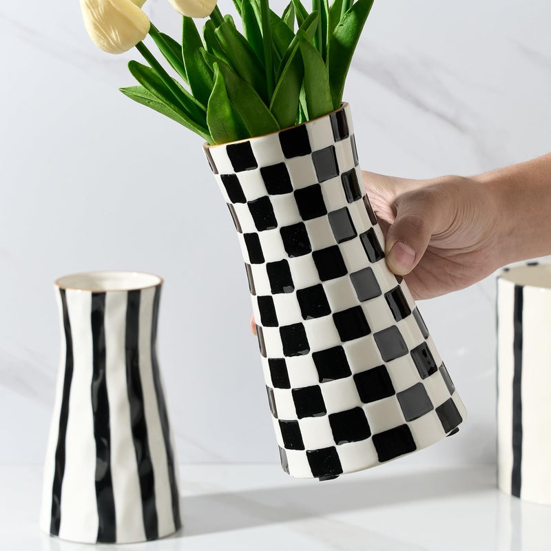 SIDUCAL Elegant Black and White Checkered Pattern Ceramic Vase â€“ Modern Home DÃ©cor Flower Vase for Living Room, Office, Dining Room, Shelf, Entryway, Wedding, Table - Image 4