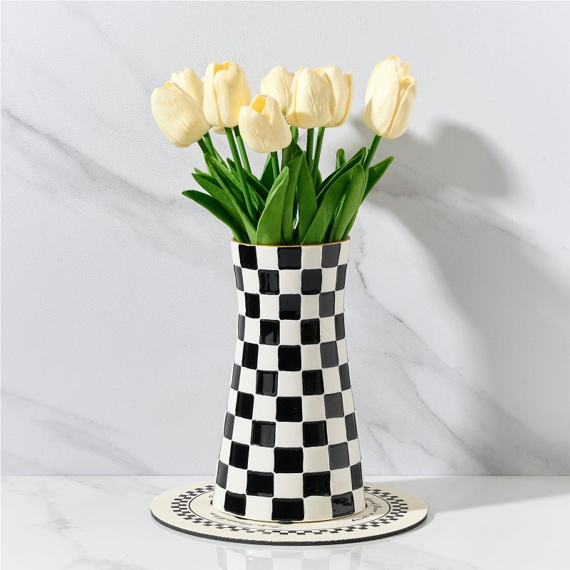 SIDUCAL Elegant Black and White Checkered Pattern Ceramic Vase â€“ Modern Home DÃ©cor Flower Vase for Living Room, Office, Dining Room, Shelf, Entryway, Wedding, Table - Image 1
