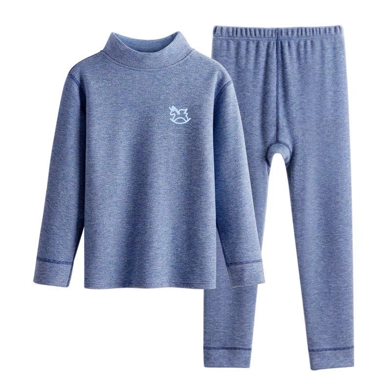 Half turtleneck plus thick velvet girls autumn clothes long pants suit mid collar brushed bottoming childrens thermal underwear for older girls Navy blue 