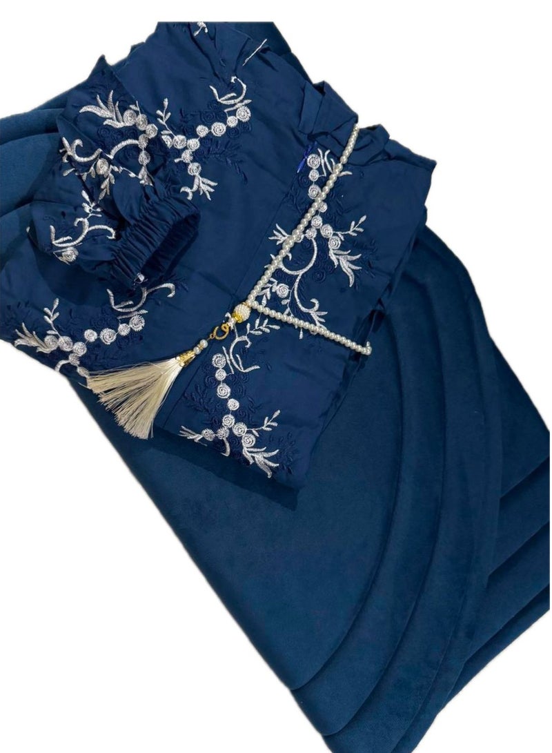 A distinctive and lined prayer set consisting of (a zippered prayer dress + a lined prayer rug + a beaded rosary) 