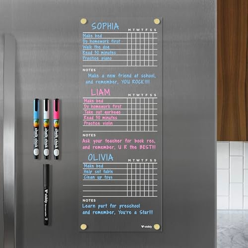 Visibly Magnetic Acrylic Chore Chart for Fridge, for 3, 4 or 5 Children. Includes 4 Magnetic Wet-Erase Markers for Refrigerator, 7” X 18". Put Those Kids to Work! | Black Magnets - Image 3