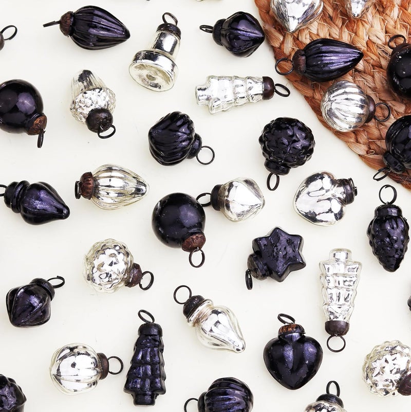 Indian-Shelf 50 Pieces Glass Silver Black Christmas Ornaments Decorative Mercury Mini Vintage Bulk Hanging Ornaments for Halloween Christmas Tree New Year Valentine Day Holidays Event and Wedding Party Decor - Image 1