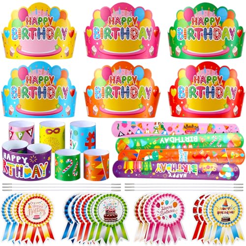 Yunsailing 108 Pcs Happy Birthday Party Supplies for Kids Include 36 Birthday Paper Crowns 36 Badge Stickers and Slap Bracelets for Classroom School Party SupplyBright Color - Image 1